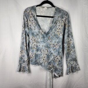 Y2K Blue Floral Wrap Babydoll Top Womens L XL Coquette Cottagecore Fairy‎ Spring
